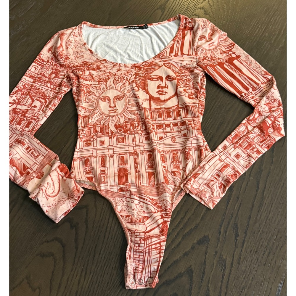 Boohoo Roman Mythology Print Long Sleeve Bodysuit Red Cream US 2 Sun Statue